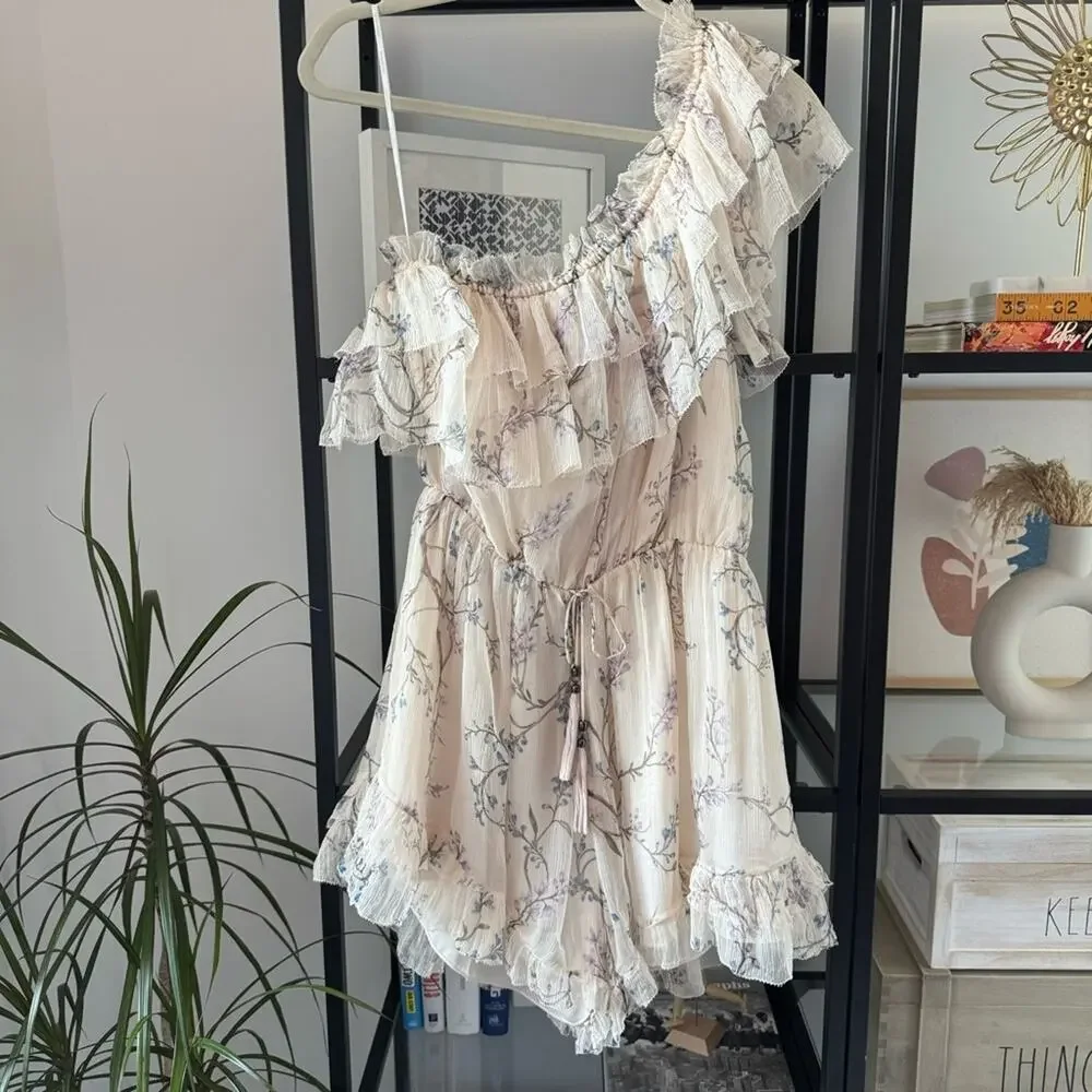 Zimmerman Beige Floral 100% Silk One Shoulder Ruffled Playsuit Women’s 3 US 10 - Picture 12 of 13